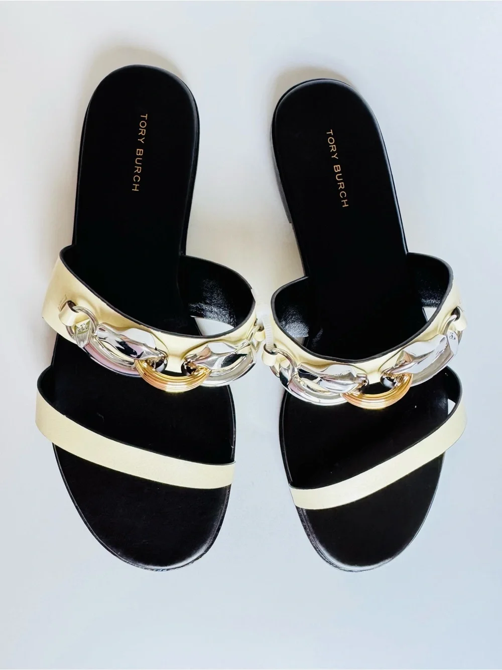 Tory Burch Cream and Metallic Chain Slide Sandals Never used, only stored!